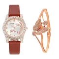 Close-up of luxury women's watch with dolphin dial and crystal butterfly bracelet - Dark Brown Watch And Bracelet