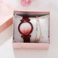 Detailed view of women's starry quartz watch with matching star bracelet in gift box - Watch Bracelet Gift Box Set / Red
