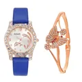 Macro view of blue leather strap watch and rose gold butterfly bangle with crystals - Blue Watch And Bracelet