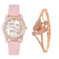 Detail of luxury pink leather watch with rhinestone bezel and butterfly bangle set - Pink Watch + Bracelet