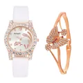 Close-up of rose gold dolphin watch with crystal bezel and matching butterfly bracelet - White Watch + Butterfly Bracelet