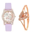 Close-up of Amadi purple leather watch and rose gold butterfly bracelet set - Violet Watch And Bracelet