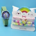 Detail view of kids watch set with green strap, rabbit dial and beaded bracelets - Green Bunny