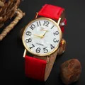Fashion Geneva watch featuring red leather strap and golden shell dial for women - Red
