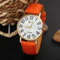 Fashion Geneva watch with orange leather strap and colorful shell crystal dial for women - Orange
