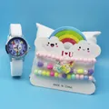 Cartoon rabbit kids watch set with colorful beaded bracelets on white card display - White Rabbit
