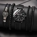 Business style Geneva men's watch set with black leather strap and beaded bracelets - Black Band Black Dial Silver Hands Set