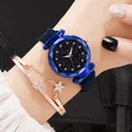 Blue starry dial watch with magnetic mesh strap and matching rose gold rhinestone bracelet - Watch And Bracelet / Blue