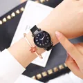 Montre à quartz avec cadran ciel étoilé, bracelet milanais aimanté et bracelet étoile assorti - Montre Noire + Bracelet