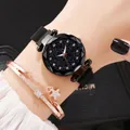 Close-up of starry sky dial watch with Milanese magnetic strap and matching star bracelet - Watch And Bracelet / Black