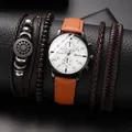 Classic men's Geneva watch set with brown leather strap and four matching bracelets - Brown Band White Dial Set