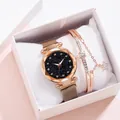 Rose gold starry sky watch with Milanese band and matching star bracelet gift set - Watch And Bracelet (With Box) / Rose Gold
