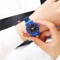 Montre ciel étoilé élégante avec bracelet en maille bleue et bracelet étoile or rose assorti - Montre Bleue Et Bracelet