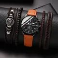 Men's Geneva quartz watch with brown leather strap and four matching fashion bracelets - Brown Band Black Dial Silver Hands Set