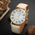 Classic Geneva watch with white shell dial and cream faux leather strap for women - Beige