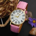 Geneva watch with pink leather strap, gold metal case, and white marble pattern dial - Pink