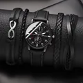 Men's Geneva quartz watch set with four black leather woven infinity charm bracelets - Black Belt Black Face Silver Needles + H236 (without Box)
