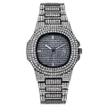 Macro shot of luxury iced-out watch with crystal-encrusted dial and date window - Black
