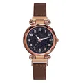 Détail de la montre ciel étoilé or rose avec verre facetté et bracelet milanais - Café