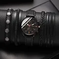 Men's stylish black Geneva watch set with four unique matching braided leather bracelets - Black Belt Black Face Rose Gold Needles + Set (without Box)