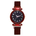 Detail of red starry sky watch dial with Arabic numerals and magnetic mesh strap - Red