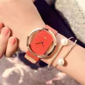 Women's rose gold quartz watch with coral red leather strap and pearl bracelet set - Red Watch With Pearl Rhinestone Bracelet (No Box)