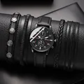 Classic Geneva men's black quartz watch set with four punk-style leather bracelets - Black Band Black Dial Silver Hands Set Style