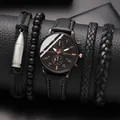 Men's Geneva quartz watch and black leather beaded bracelet gift set in rose gold accents - Black Belt Black Face Rose Gold Needle Set (without Box)