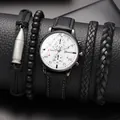 Geneva men's white dial watch with black leather strap and four matching bracelets - Black Belt With White Face Set (without Box)