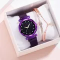 Set orologio donna viola stellato con cinturino magnetico e bracciale in oro rosa - Orologio Viola Bracciale Scatola
