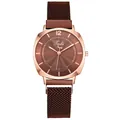 Montre femme or rose avec bracelet magnétique marron et cadran à texture radiale - Marron