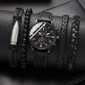 Men's fashion set with black Geneva watch and four matching leather bullet bracelets - Black Belt Black Face Silver Needle Set (without Box)