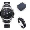 Set orologio da uomo con cronografo al quarzo e bracciale in pelle intrecciata nera - Quadrante Nero Bracciale Fibbia Argento Scatola Litchi