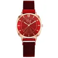 Women's quartz wristwatch with a rose gold case, red mesh strap and wave-textured dial - Red