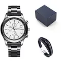 Set regalo orologio da uomo business al quarzo con cinturino in acciaio e bracciale - Quadrante Bianco Bracciale Fibbia Argento Scatola Litchi