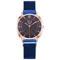 Elegant rose gold women's quartz watch with deep blue magnetic mesh strap and textured dial - Blue