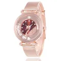 Elegant rose gold mesh watch with swan crystal dial and flowing rhinestones - Red