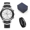 Dettaglio del set orologio business MULILAI con cinturino in acciaio e bracciale intrecciato - Quadrante Bianco Bracciale Fibbia Nera Scatola Litchi
