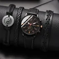All-black Geneva quartz watch set for men with three matching black leather bracelets - Black Belt Black Face Rose Gold Needle Set (without Box)