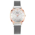 Women's quartz watch with bicolor rose gold casing and silver mesh magnetic band - White
