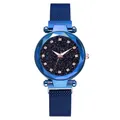 Detail of blue starry watch dial with Milanese loop band and magnetic buckle closure - Watch / Blue