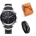 Orologio al quarzo da uomo nero con cinturino in acciaio e bracciale in scatola regalo - Quadrante Nero Bracciale Fibbia Nera Scatola Fiocco