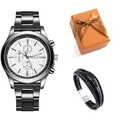 Set regalo uomo con orologio al quarzo, bracciale in pelle intrecciata e scatola arancione - Quadrante Bianco Bracciale Fibbia Argento Scatola Fiocco
