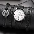 Men's Geneva white dial watch set with black leather straps and Tai Chi bracelets - Black Band White Dial Set Casual