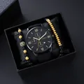 Heren kwartshorloge set in zwart met datum en twee gouden kralenarmbanden - Zwarte Kast Gouden Wijzerplaat Met Armband En Doos