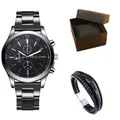 Macro detail of men's black business quartz watch with multi-layer leather bracelet set - Black Dial Silver Buckle Bracelet Black Box