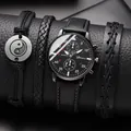 Geneva men's black watch set with quartz leather band and three stylish bracelets - Black Band Black Dial Silver Hands Set Casual