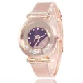 Rose gold mesh watch with purple dial featuring a crystal swan and moving stones - Purple