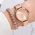 Women's rose gold quartz watch and heart-shaped rhinestone bracelet gift set - Watch And Bracelet / Rose Gold