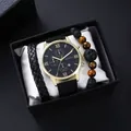 Heren horloge cadeauset met kwartsuurwerk lederen band en kralenarmbanden in doos - Gouden Kast Gouden Wijzerplaat Met Armband En Doos